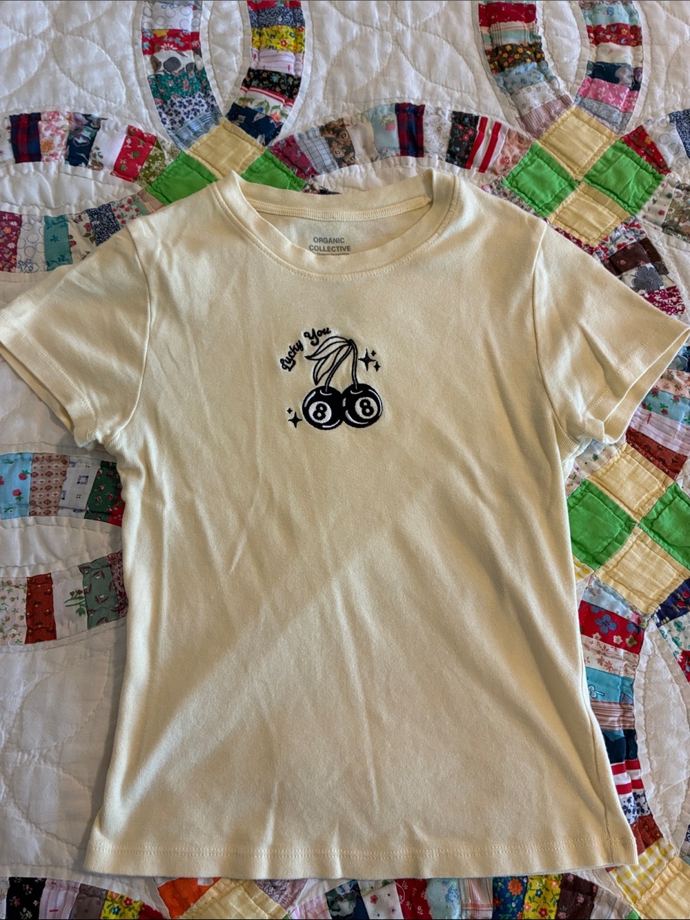 Organic Collective Cream Cherry 8 Ball Graphic Tee small recycled girlhoodcore
